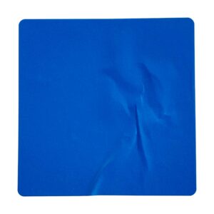 Close-up of a blank blue sticker with rounded corners, showing textured surface and some creases, isolated on a white background.