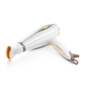 White Hair Dryer Isolated on White Background. Hair Care Tool. Metallic Gold Ionic Hairdryer. Domestic Small Appliances. Household Equipment. Electric Home Appliance. Professional Hair Style Tool