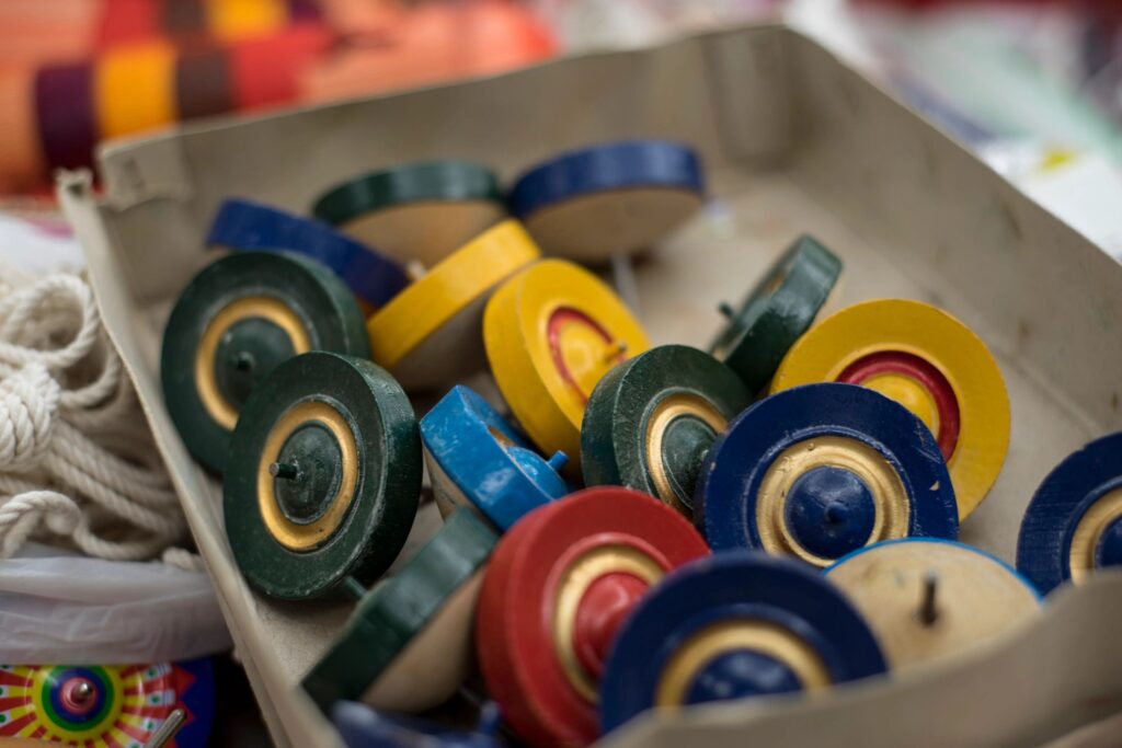 Wooden spinning wheels in a box, Tokyo, Japan