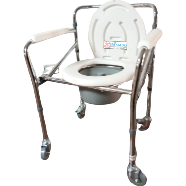 Silla De Baño Sanitaria Plegable Cromada con Ruedas  y Recipiente